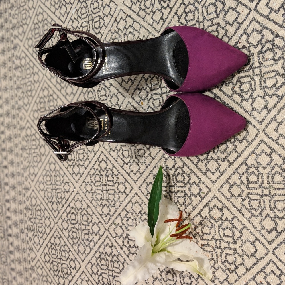 2-tone Suede & Patent Leather Pointed Toe Pumps